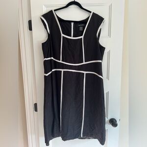 Plus Sized 20 Linen Blend Dress Black White Piping Trim Sleeveless Shift Midi